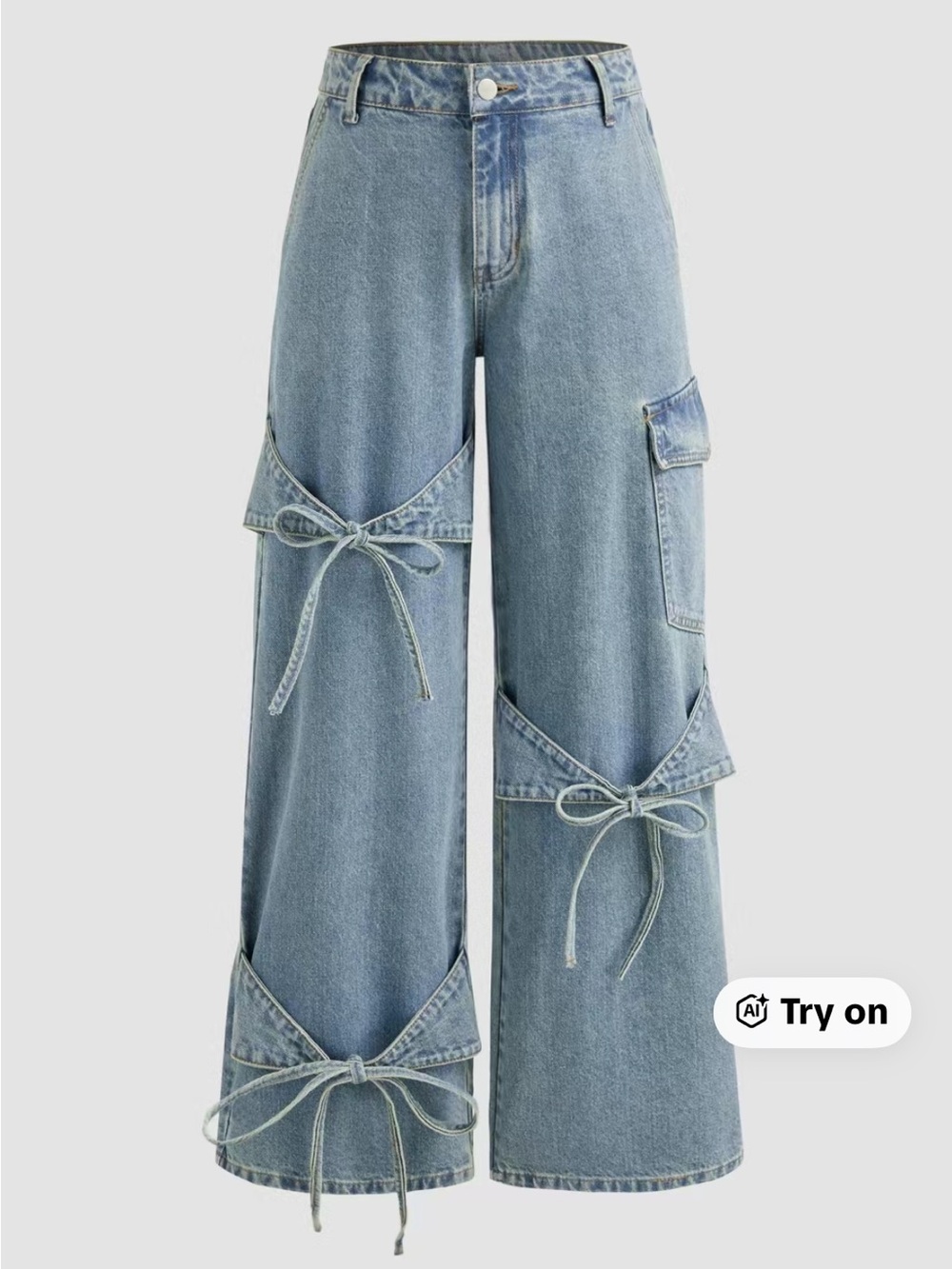 Cider Light Blue Wide-Leg Tie-Detail Jeans